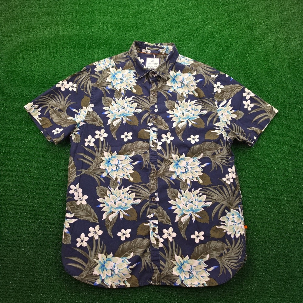 Denim & Flower Shirt Mens Large Slim Fit Blue Floral Hibiscus Tropical Button Up